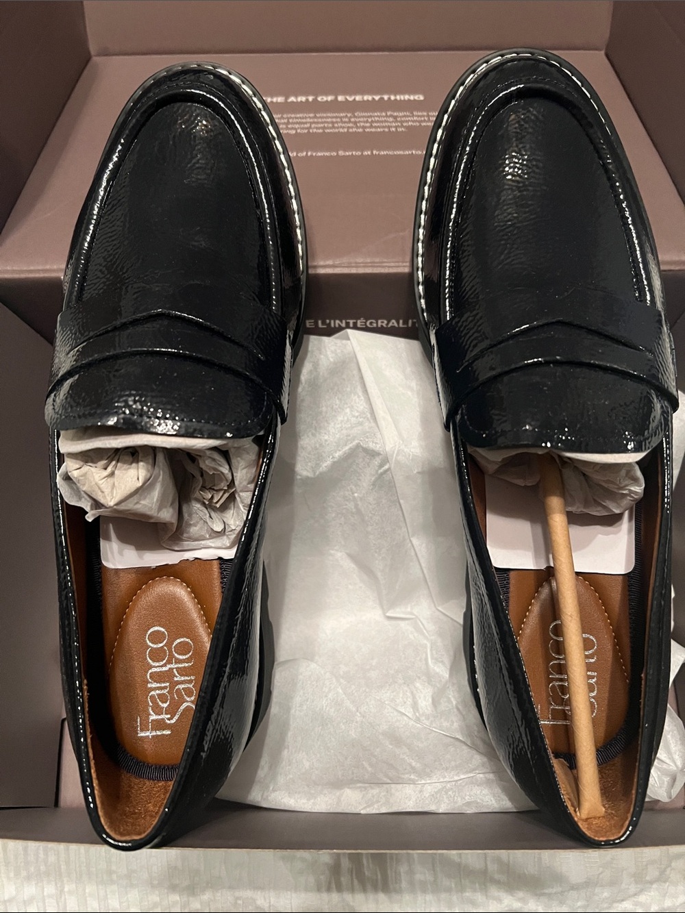 Franco Sarto Black Patent Leather Penny Loafers with Tan Insoles